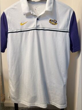 Nike Men’s White Polo with LSU Tiger Logo, purple sleeve and stripe colordry L